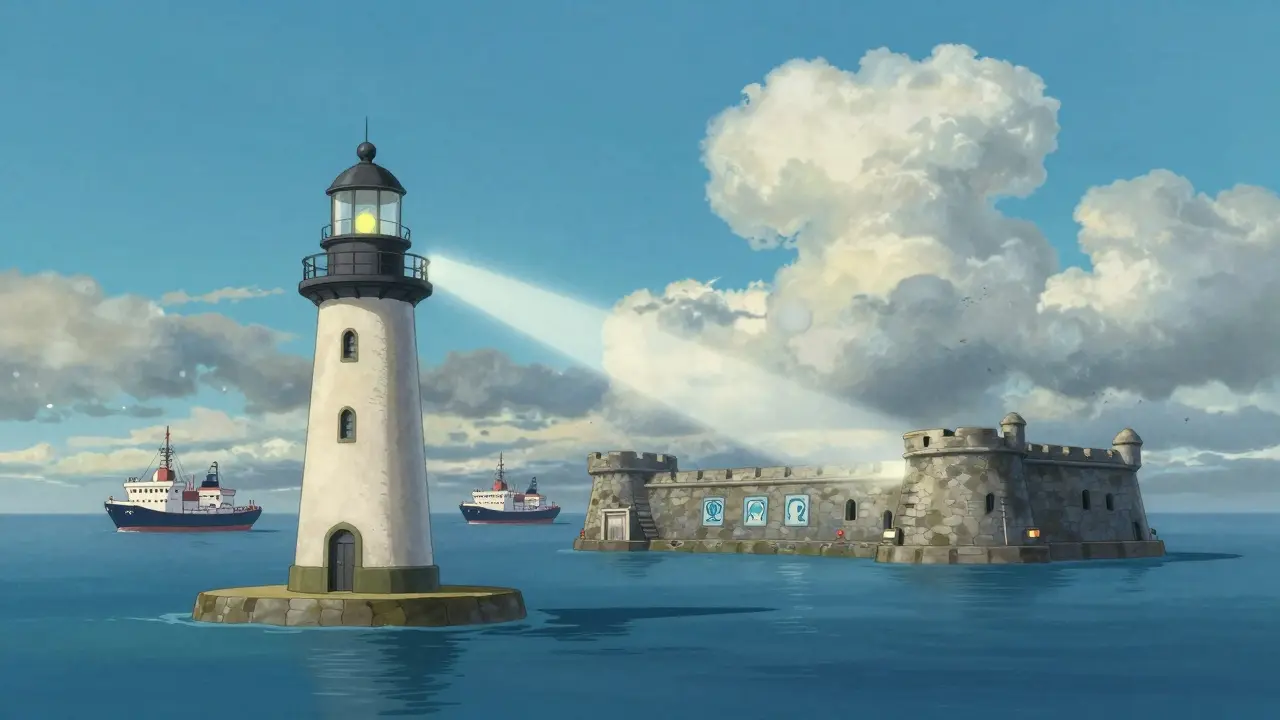 A sturdy lighthouse guiding ships toward a secure stone fortress by a calm sea