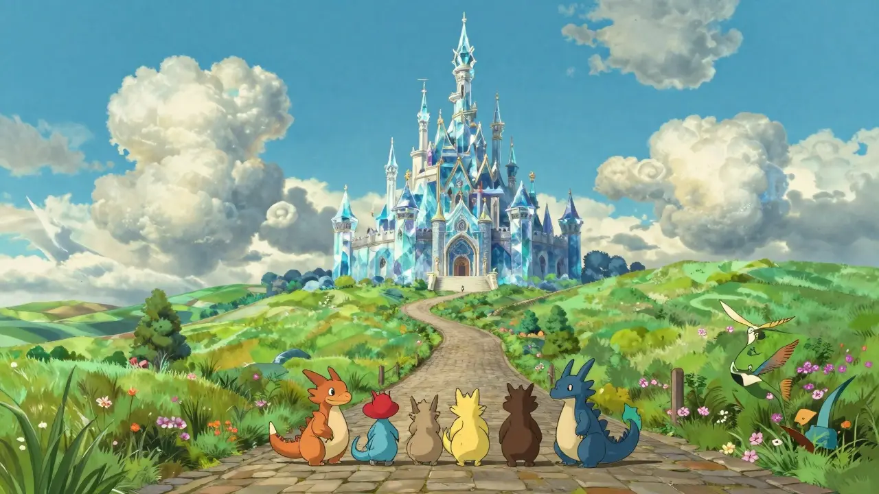 A winding path leading to a floating crystal castle surrounded by friendly dragons.