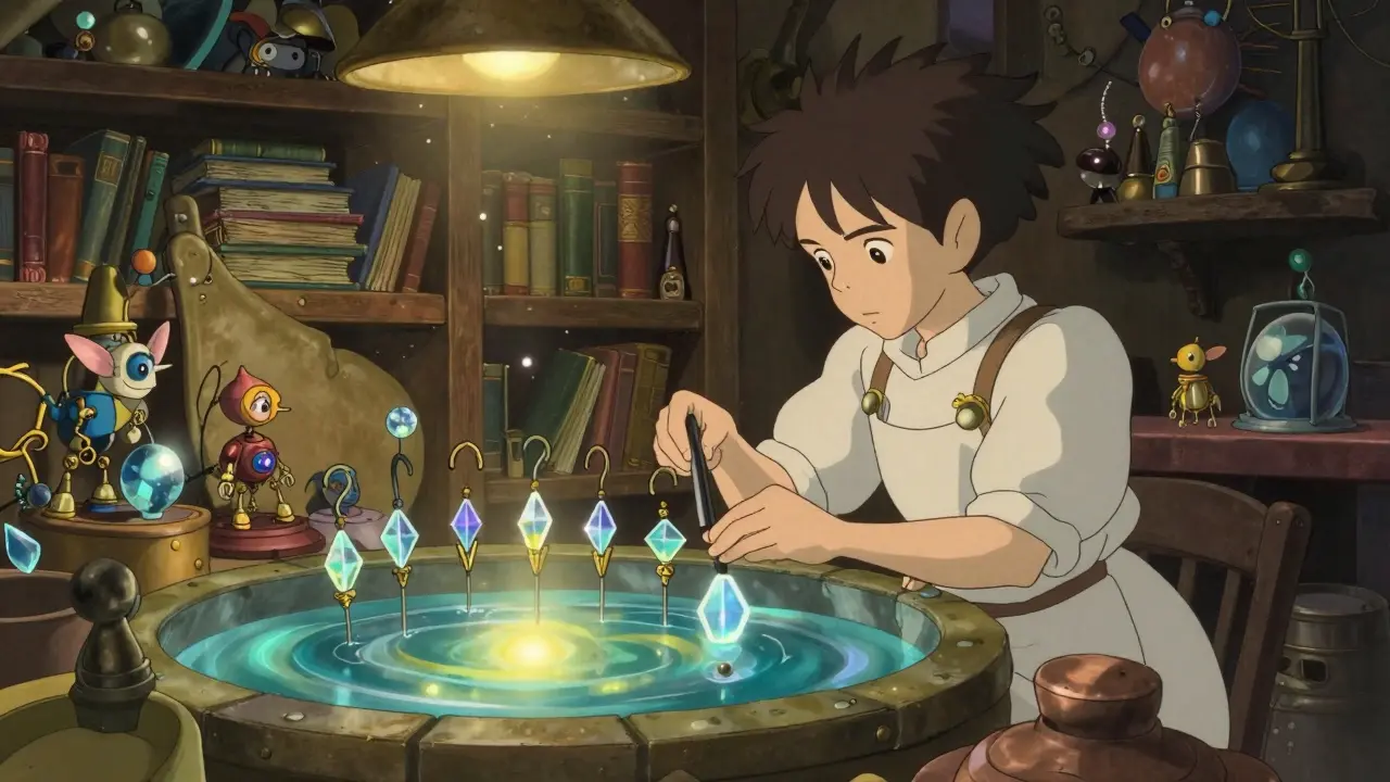 An inventor adjusting glowing crystalline hooks over a pool of liquid starlight in a cozy workshop.