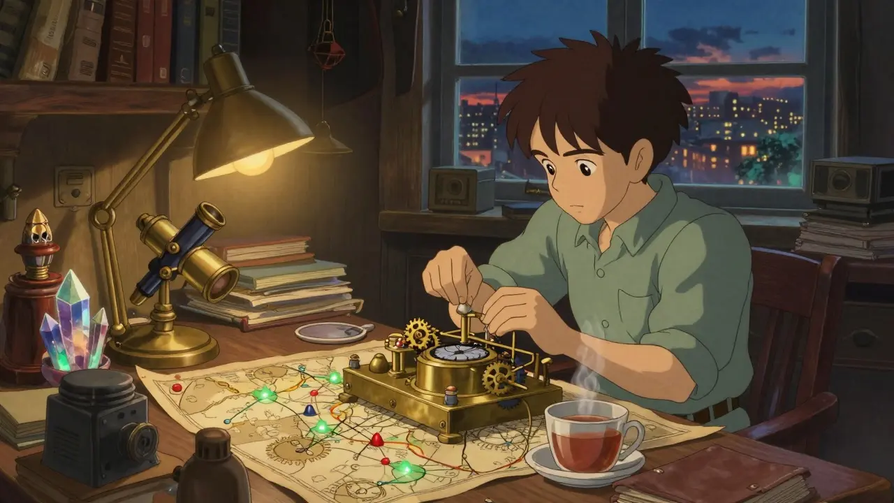 Anime style character adjusting brass gears in a cozy, warm study