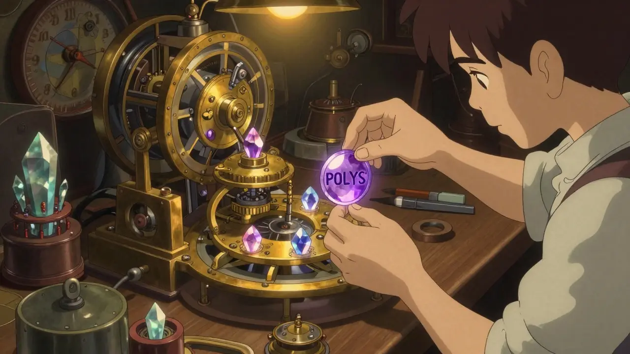 Artisan placing a glowing purple crystal into a golden machine in a cozy workshop.