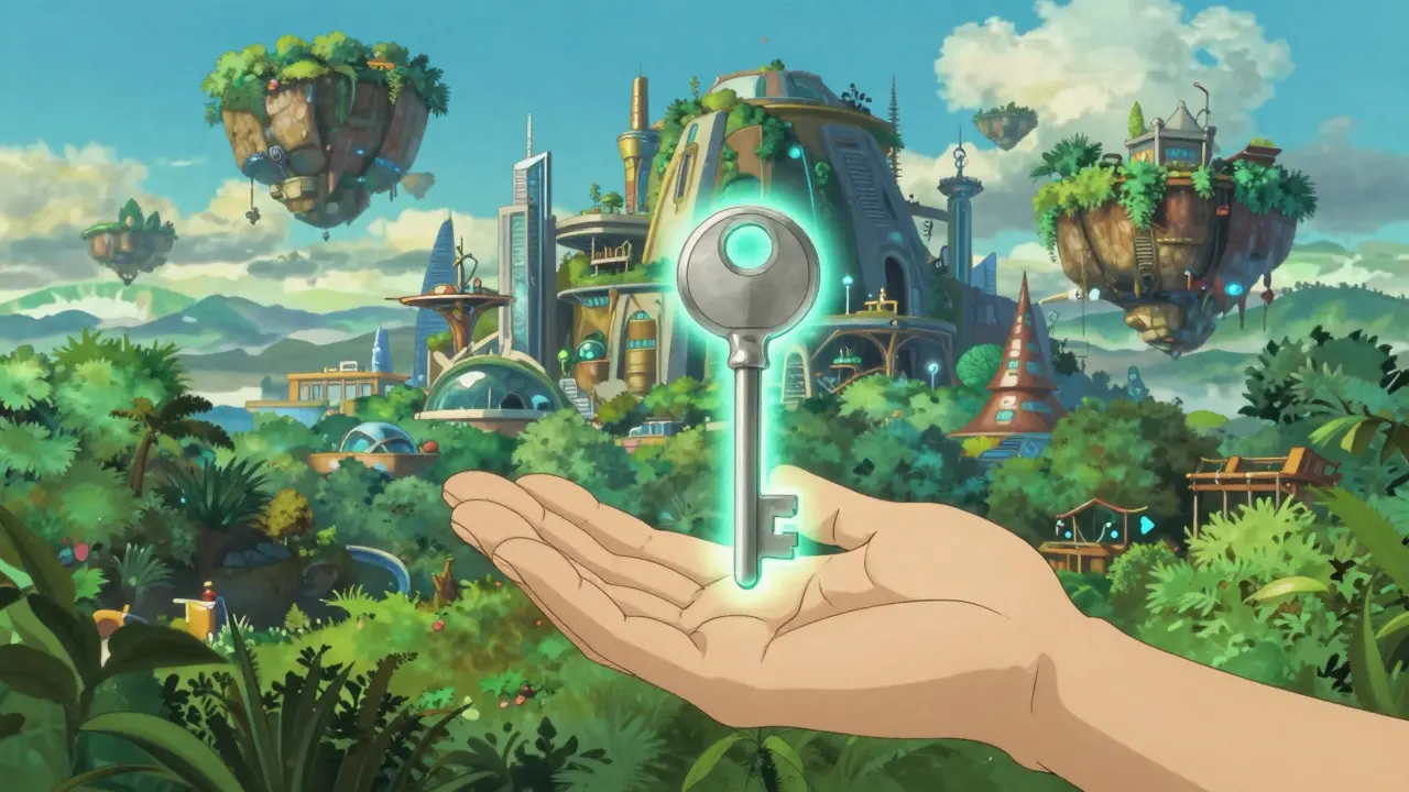 Close-up of a hand holding a glowing digital key against a futuristic green city