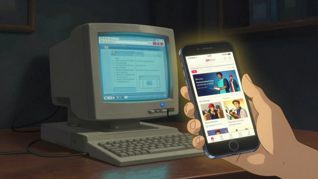 Comparison of a dim old computer and a glowing modern smartphone in anime style
