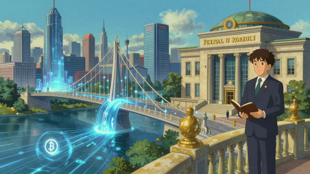 Conceptual bridge connecting digital crypto streams to a government tax office