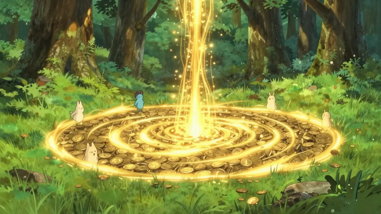 Ghibli style golden energy whirlpool in a lush green meadow