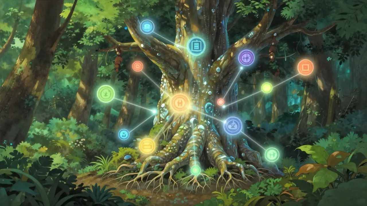Glowing orbs floating around a crystal tree in a magical forest