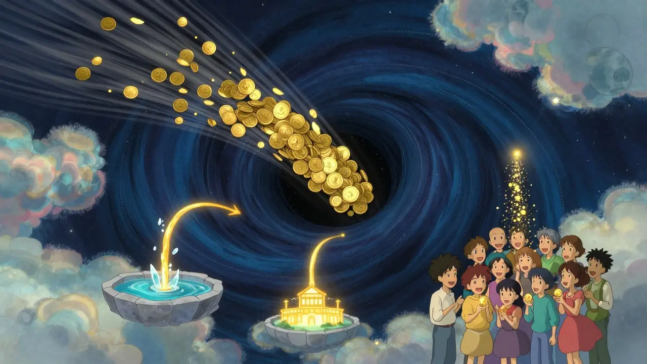 Golden tokens flowing into a cosmic void and splitting into three magical streams of light