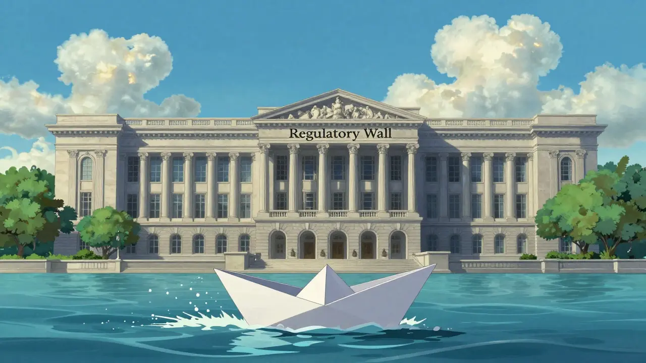 Grand financial building and a small paper boat in a serene Ghibli-style landscape
