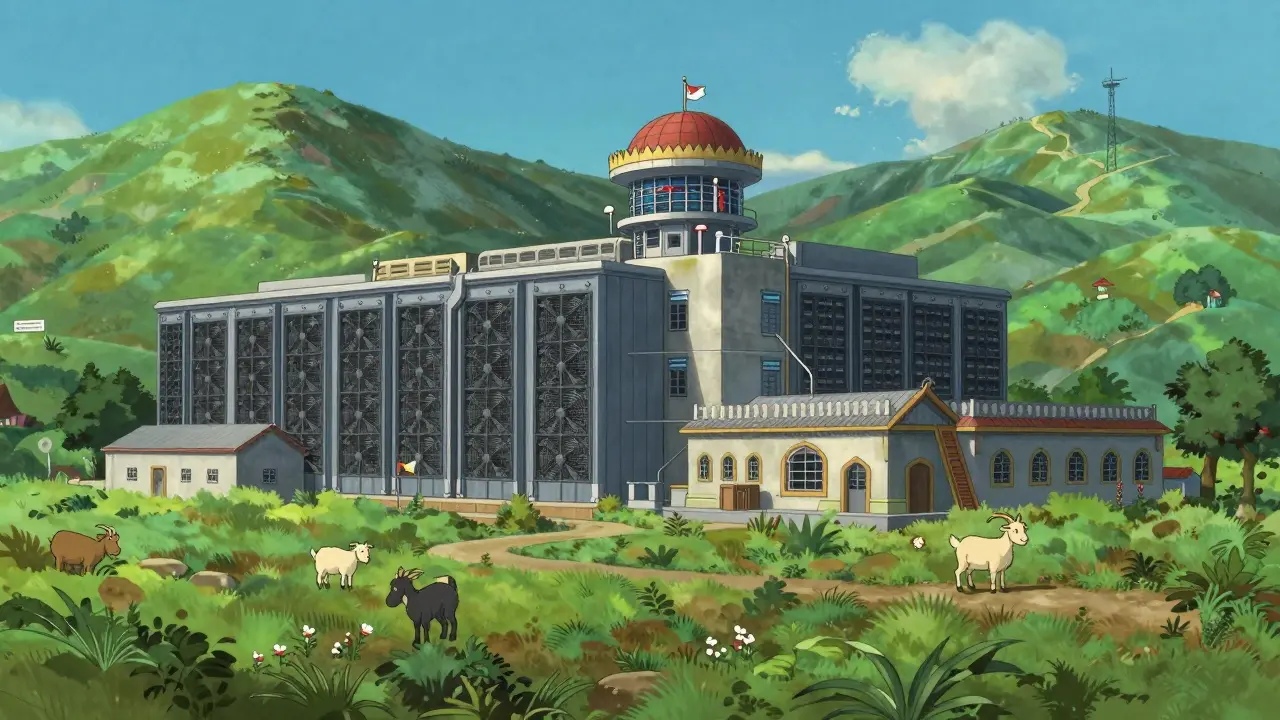 High-tech cryptocurrency mining center nestled in green Pakistani mountains