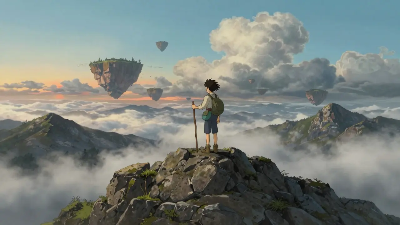 Hiker standing on mountain peak overlooking misty valley in anime art