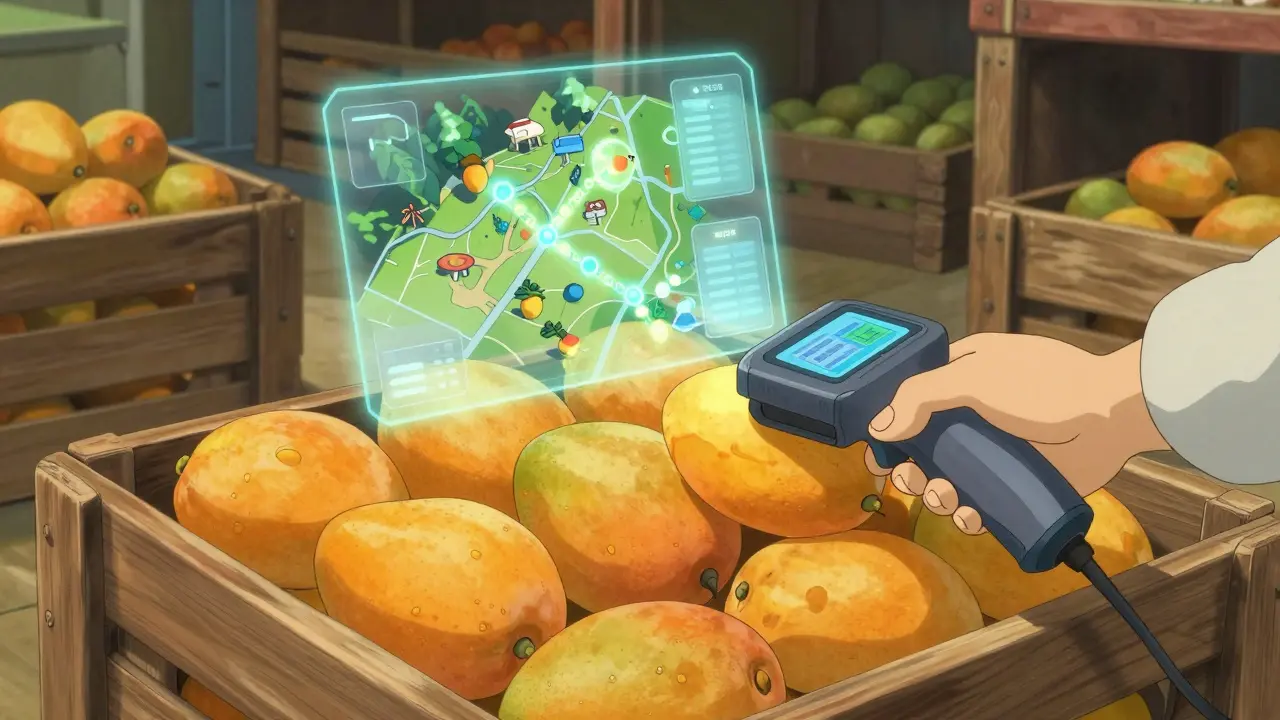 Mangoes in a warehouse being scanned by a holographic digital traceability interface.