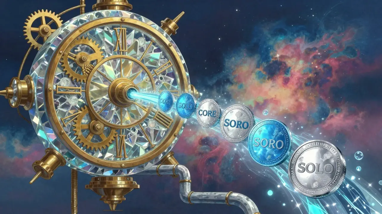 Ornate celestial clock mechanism with iridescent crypto tokens flowing through conduits