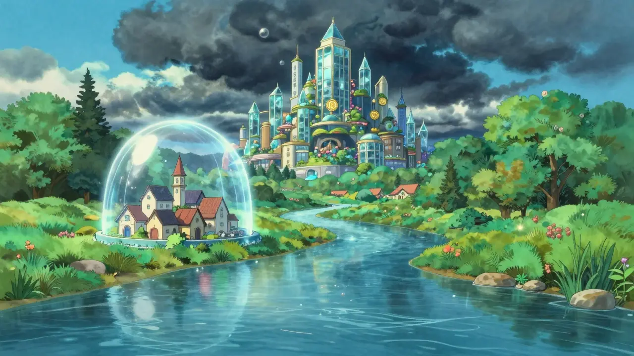 Peaceful landscape with a floating city and a protective shimmering dome over a village.