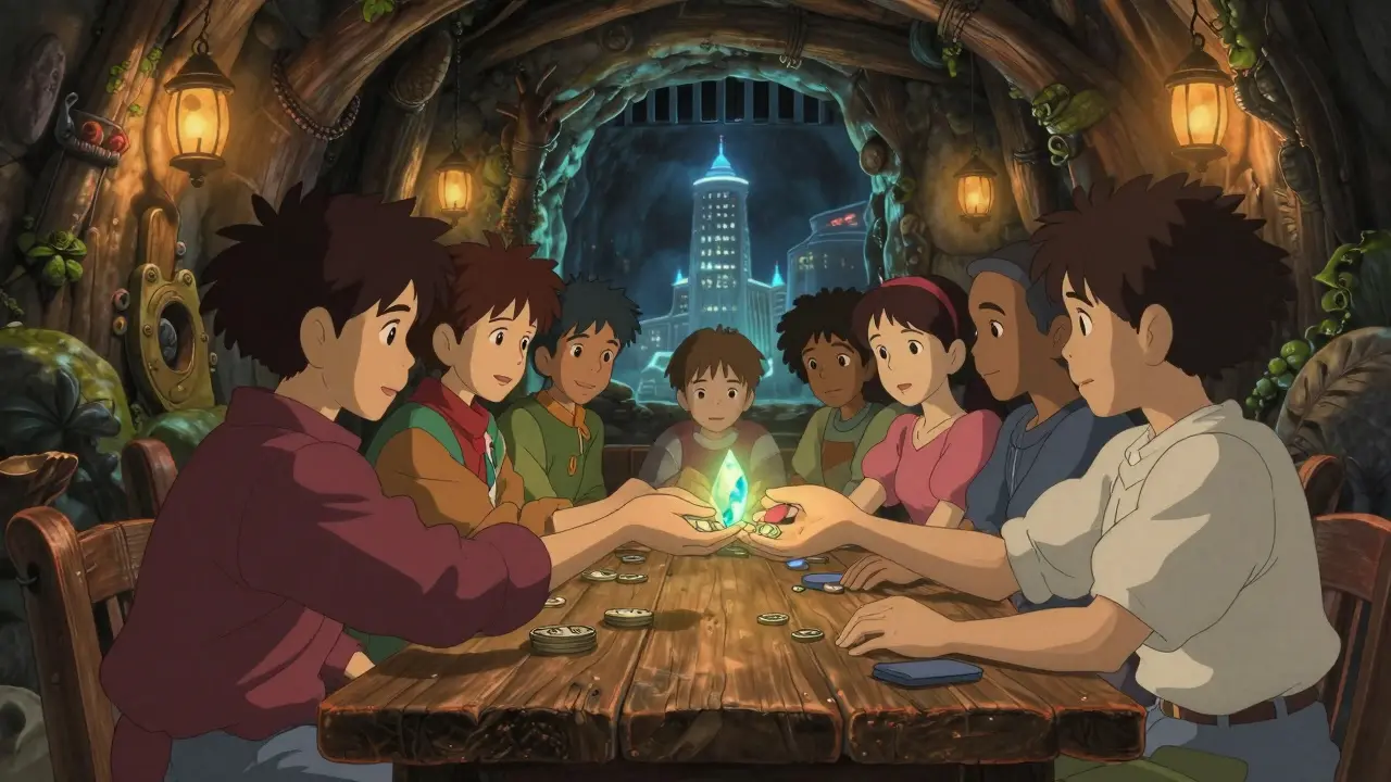 People exchanging glowing crystal shards in a secret, warmly lit underground sanctuary.