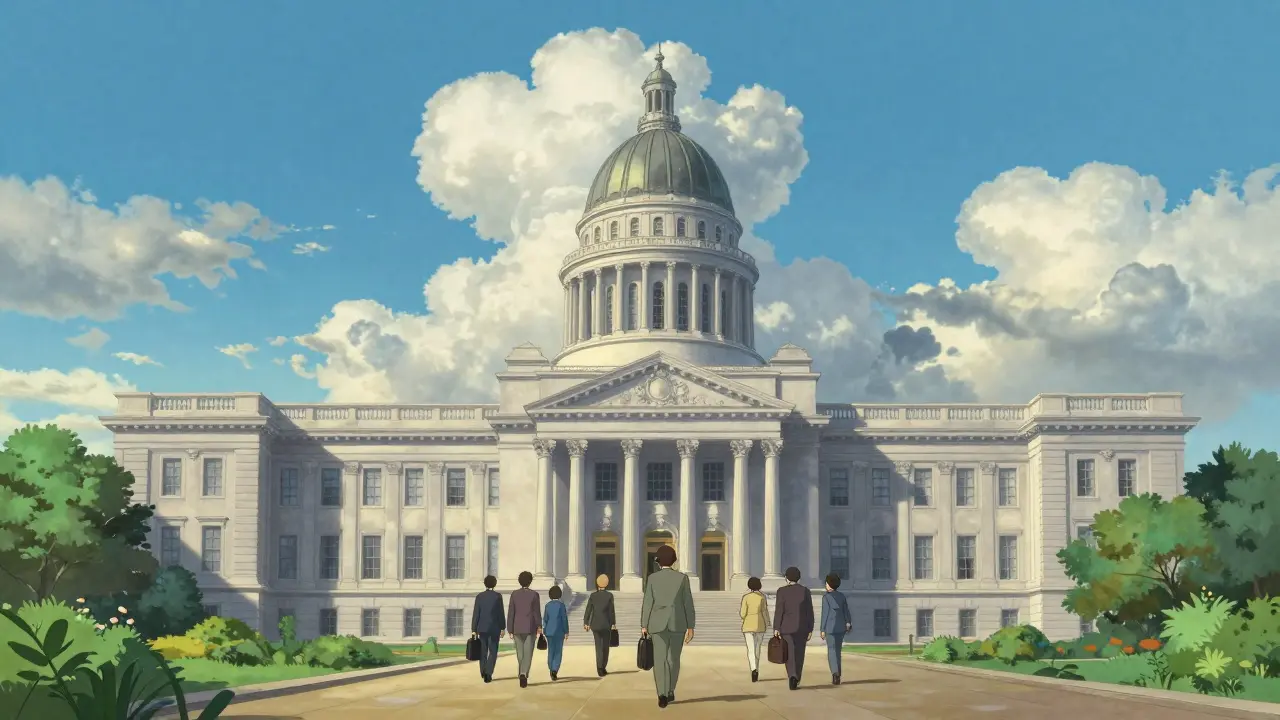 People walking toward a grand government building under a bright blue sky with fluffy clouds.