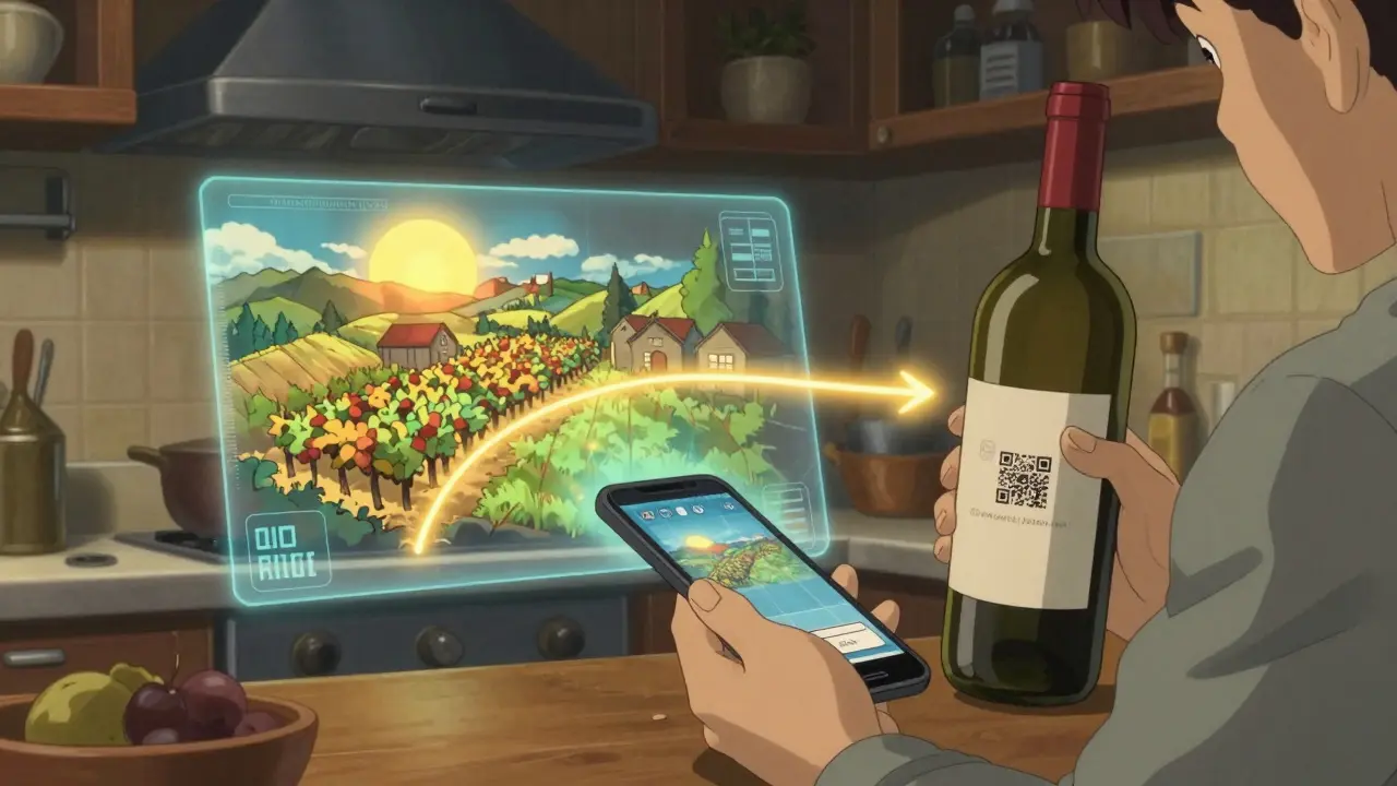 Person scanning a wine bottle to see a holographic map of its journey from the vineyard.