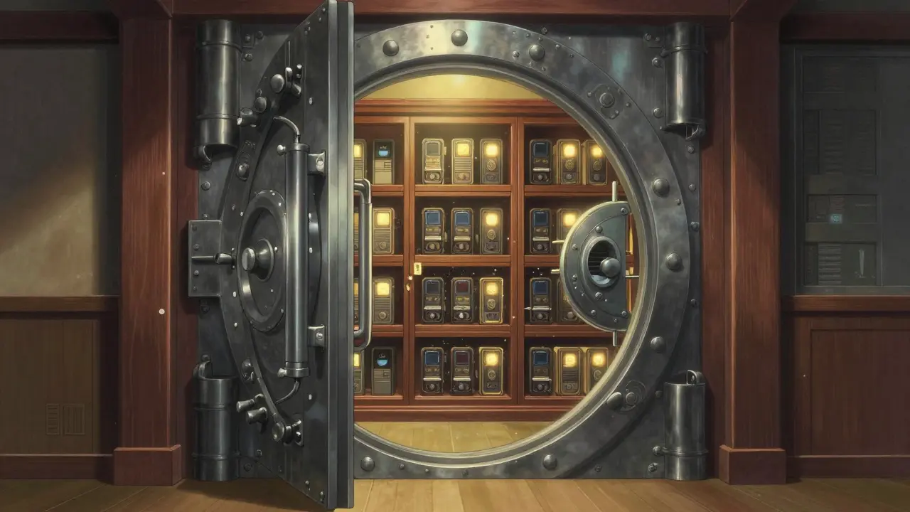 Secure Japanese vault with offline hardware wallets in a soft golden light.