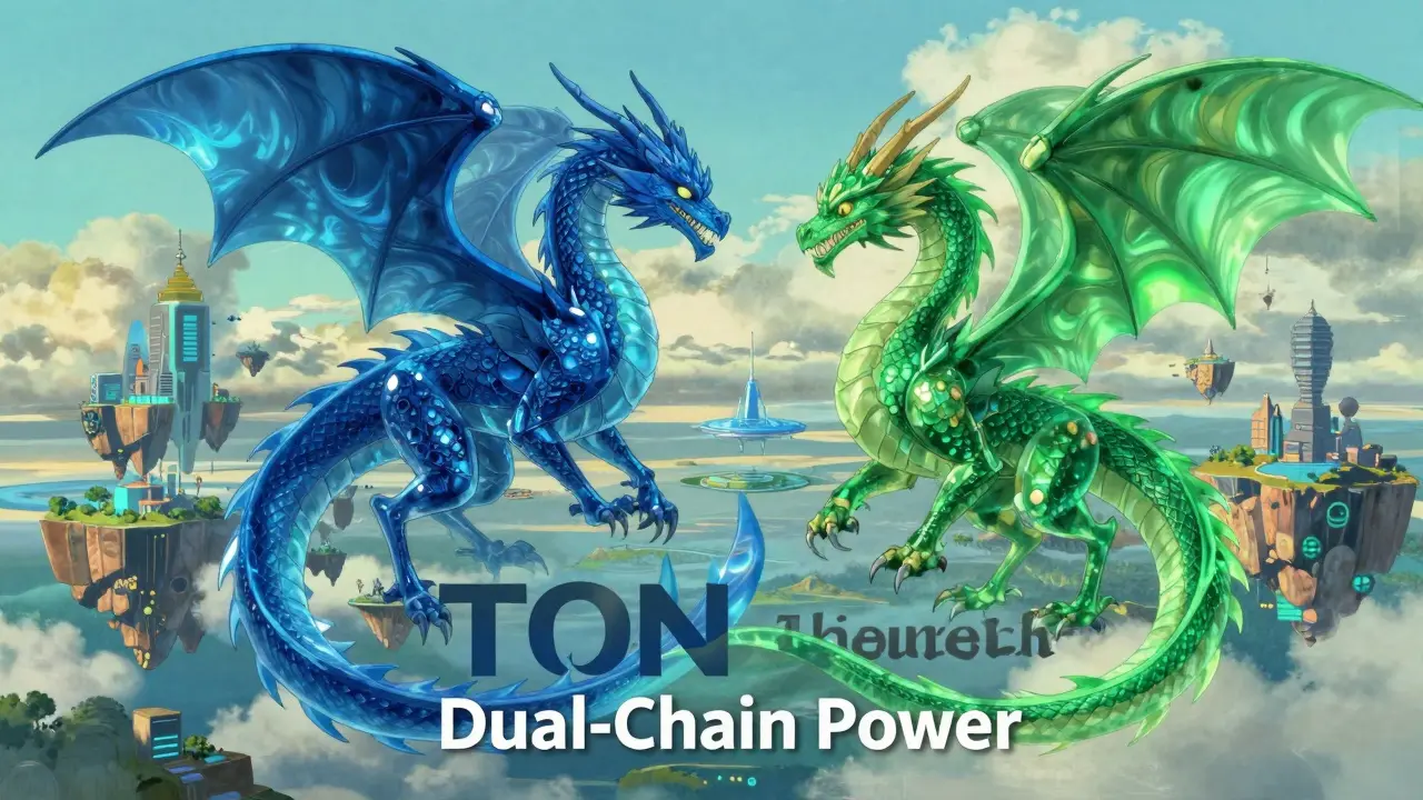 Two ethereal dragons representing TON and Venom blockchains spiraling together.
