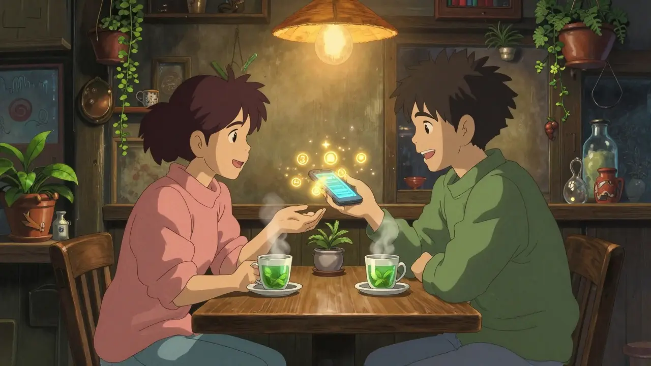 Two people secretly trading cryptocurrency in a cozy cafe, Studio Ghibli style.