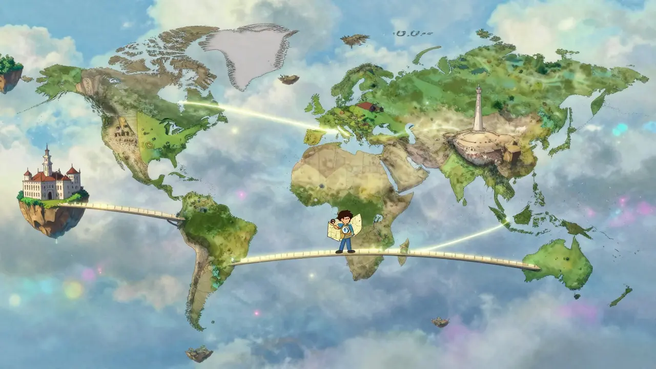 Whimsical floating islands representing global crypto regulations connected by light.