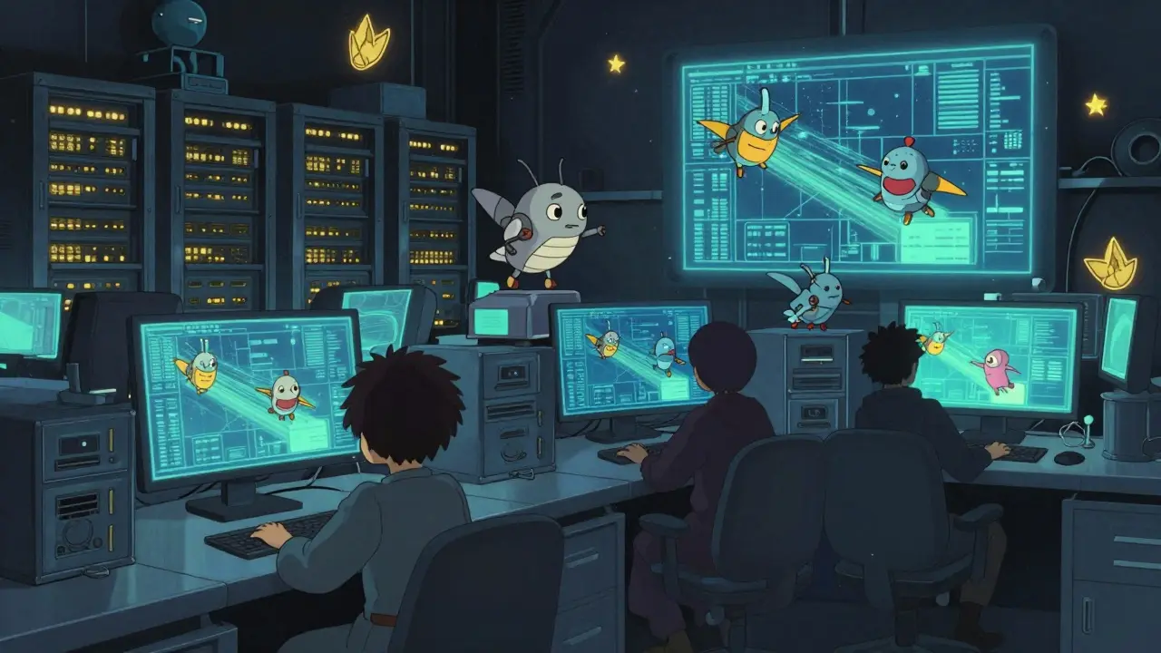 Whimsical mechanical bots managing digital trades in a glowing, cozy server room.