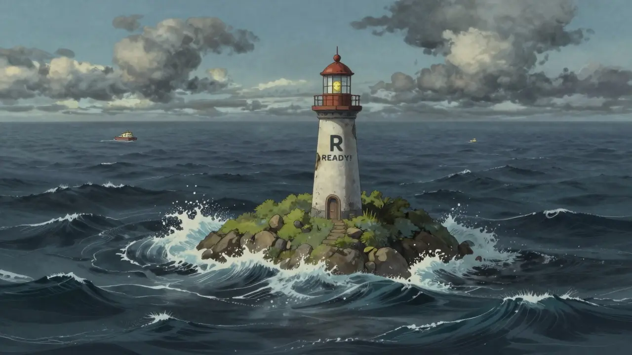 A small, isolated lighthouse on an island surrounded by rough seas, symbolizing market risk.
