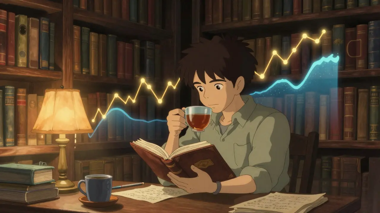 A trader studying notes in a cozy library with magical floating trend lines in Studio Ghibli style.