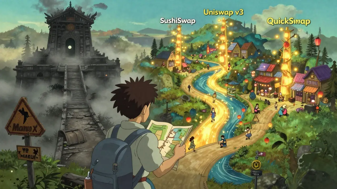 A traveler choosing between a dark abandoned path and bright, bustling market roads.