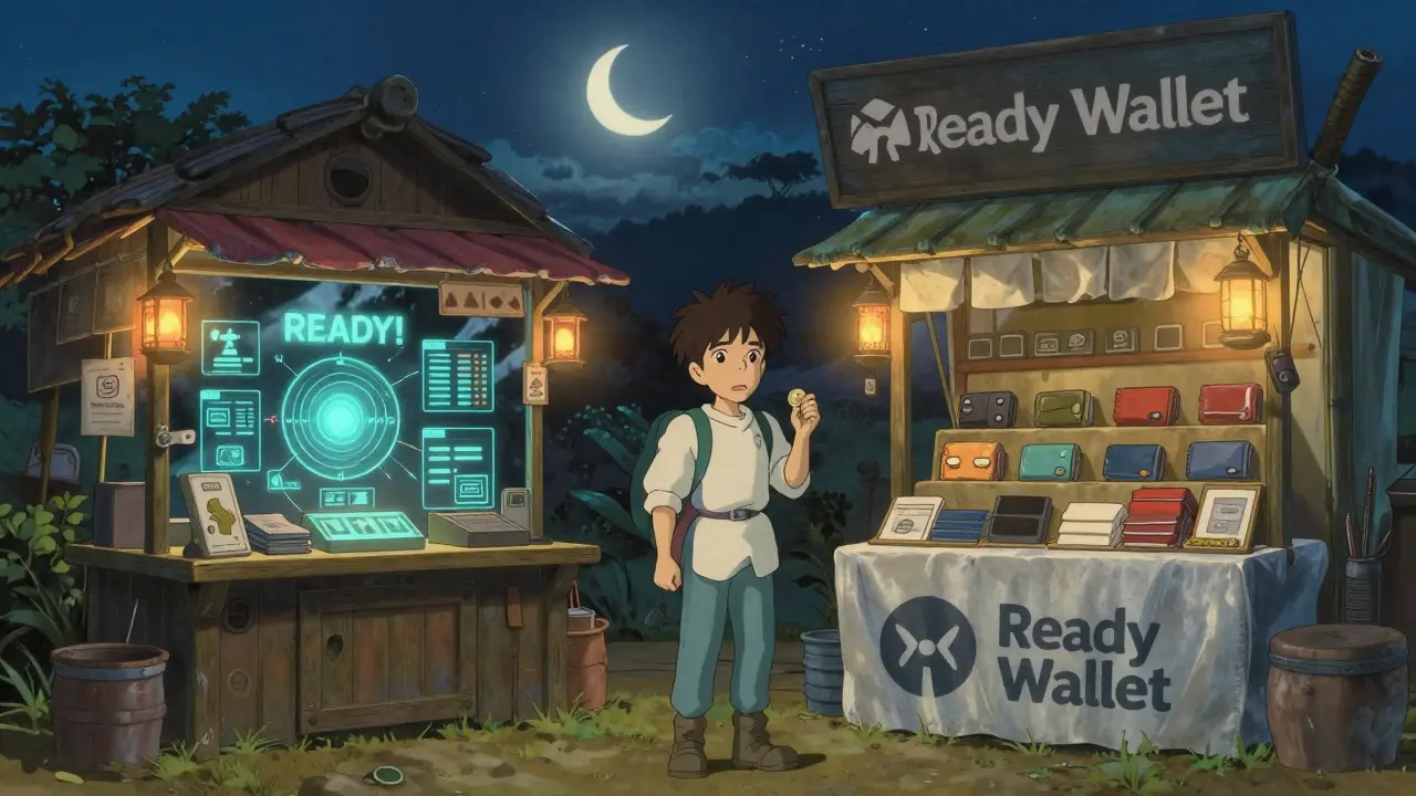 A traveler choosing between two different stalls in a twilight marketplace, showing confusion.
