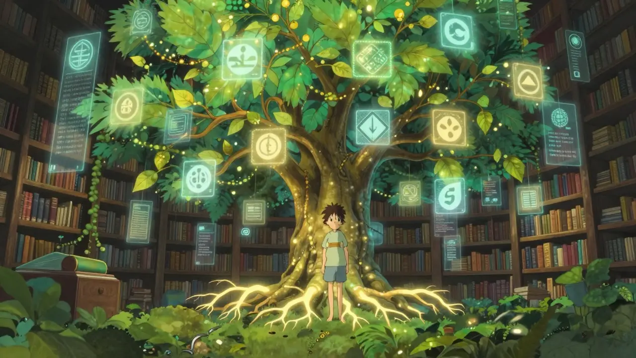 A tree made of light with glowing roots, representing blockchain integrity and history.