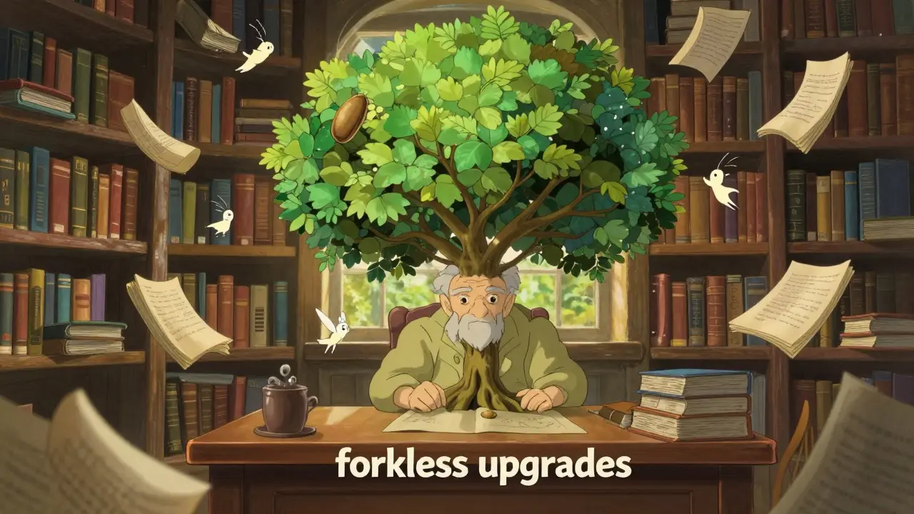 A wise figure oversees a growing tree of order in a cozy Ghibli library