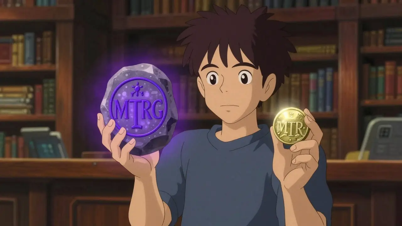 Anime character holding two distinct crypto tokens representing governance and gas fees.