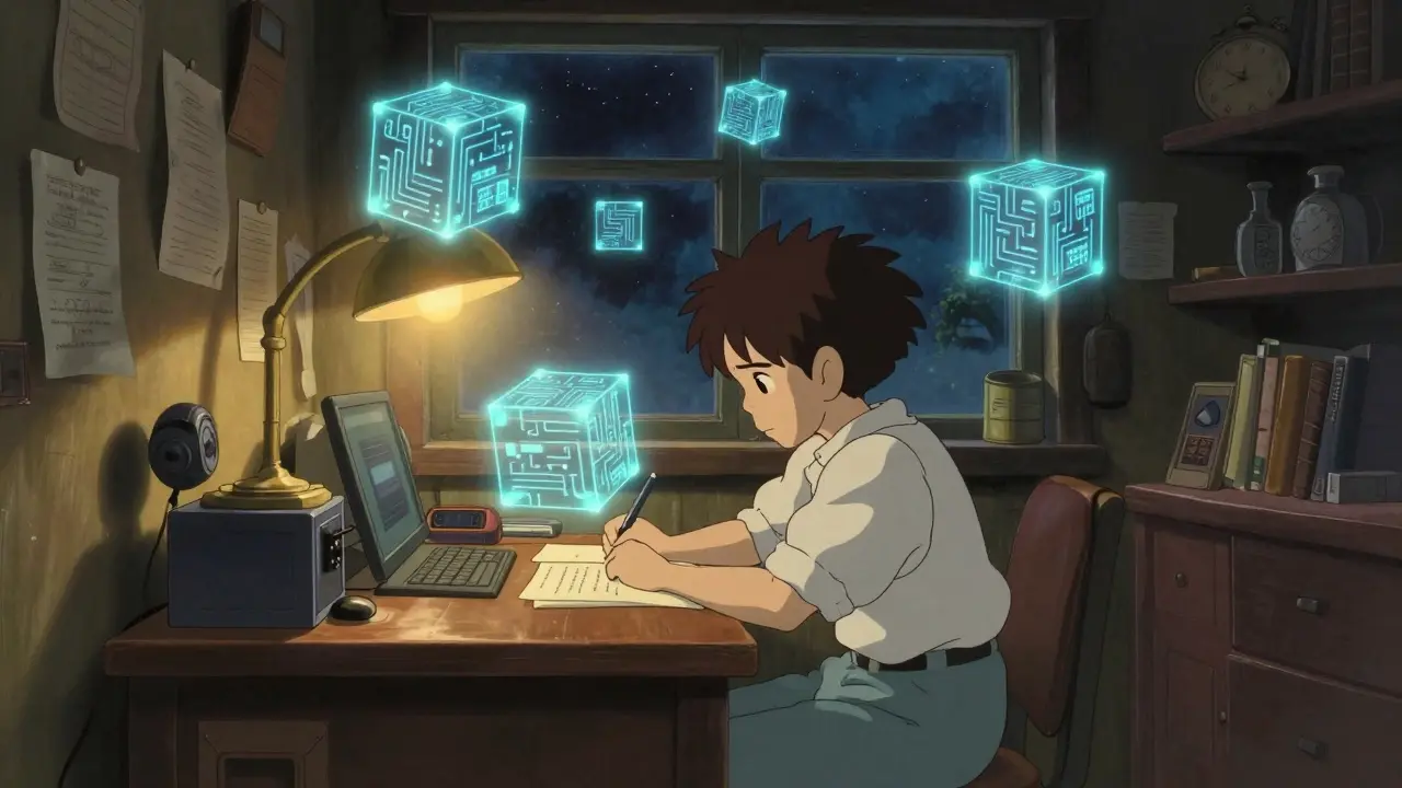 Anime character studying glowing cubes in a warm, cozy room