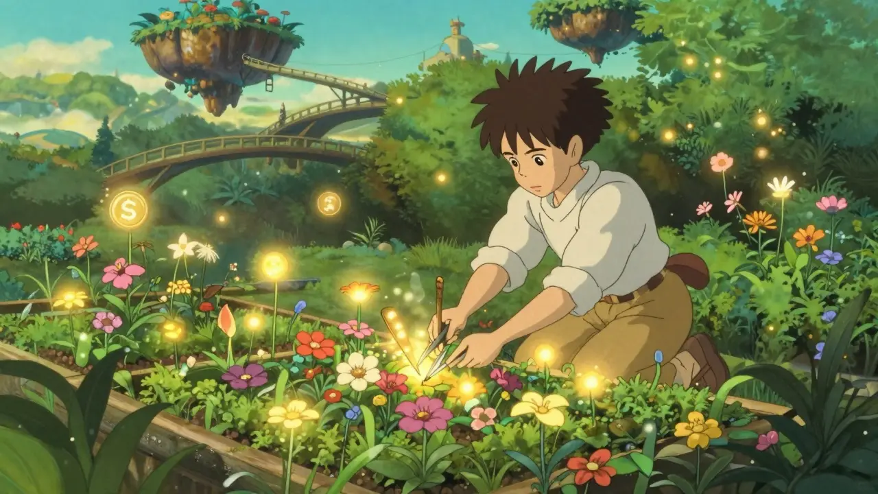 Anime character tending a magical garden representing concentrated liquidity management