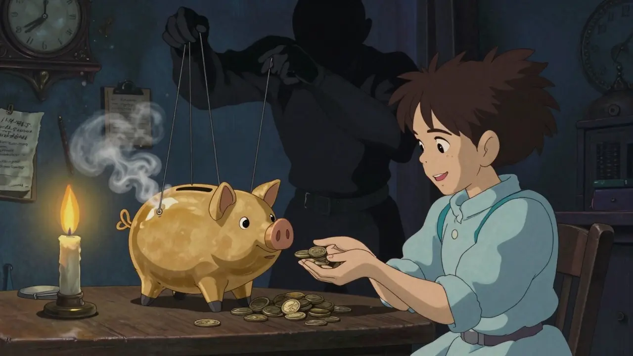Anime illustration of a victim being tricked by a shadowy scammer