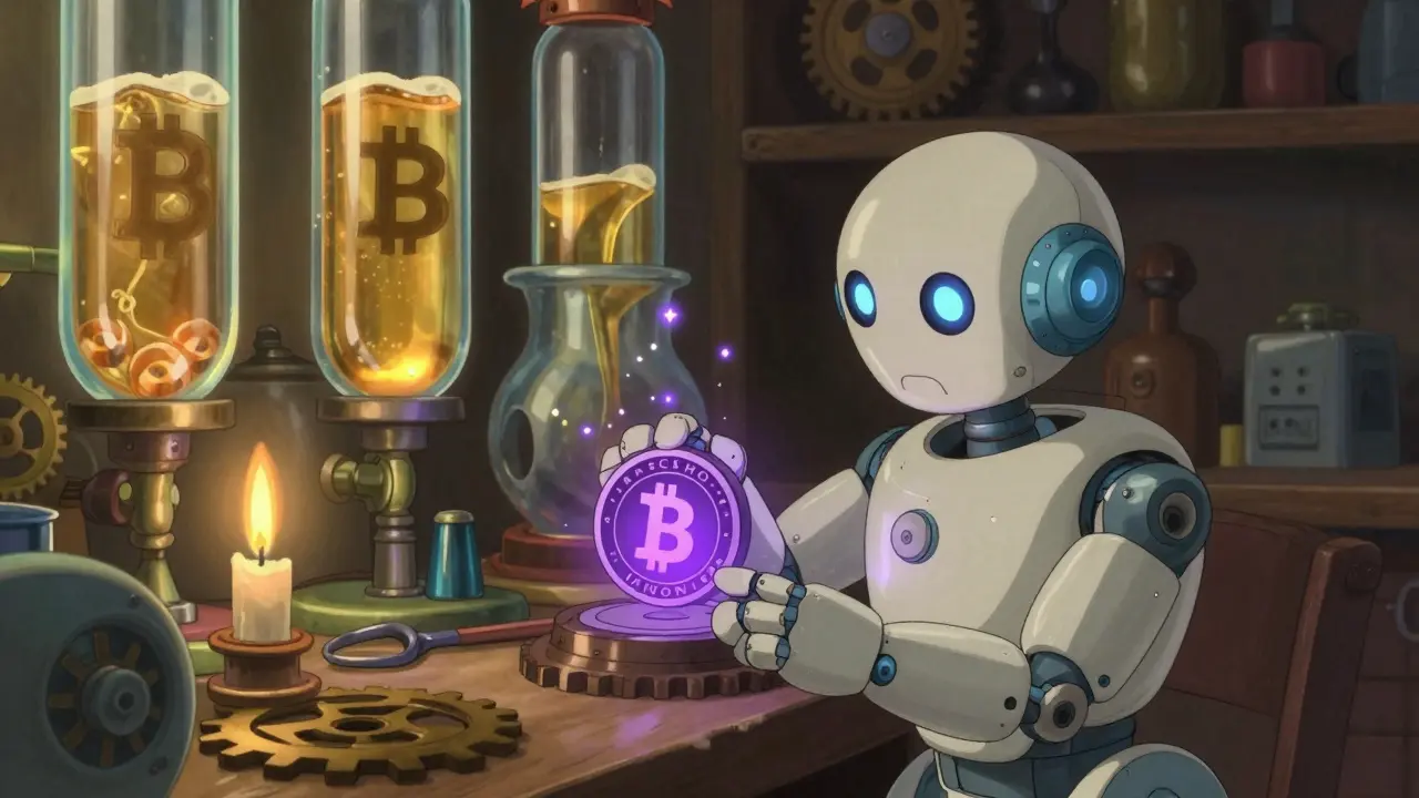 Anime style workshop scene with a robot polishing a glowing ECHO token amidst flowing liquid gold.