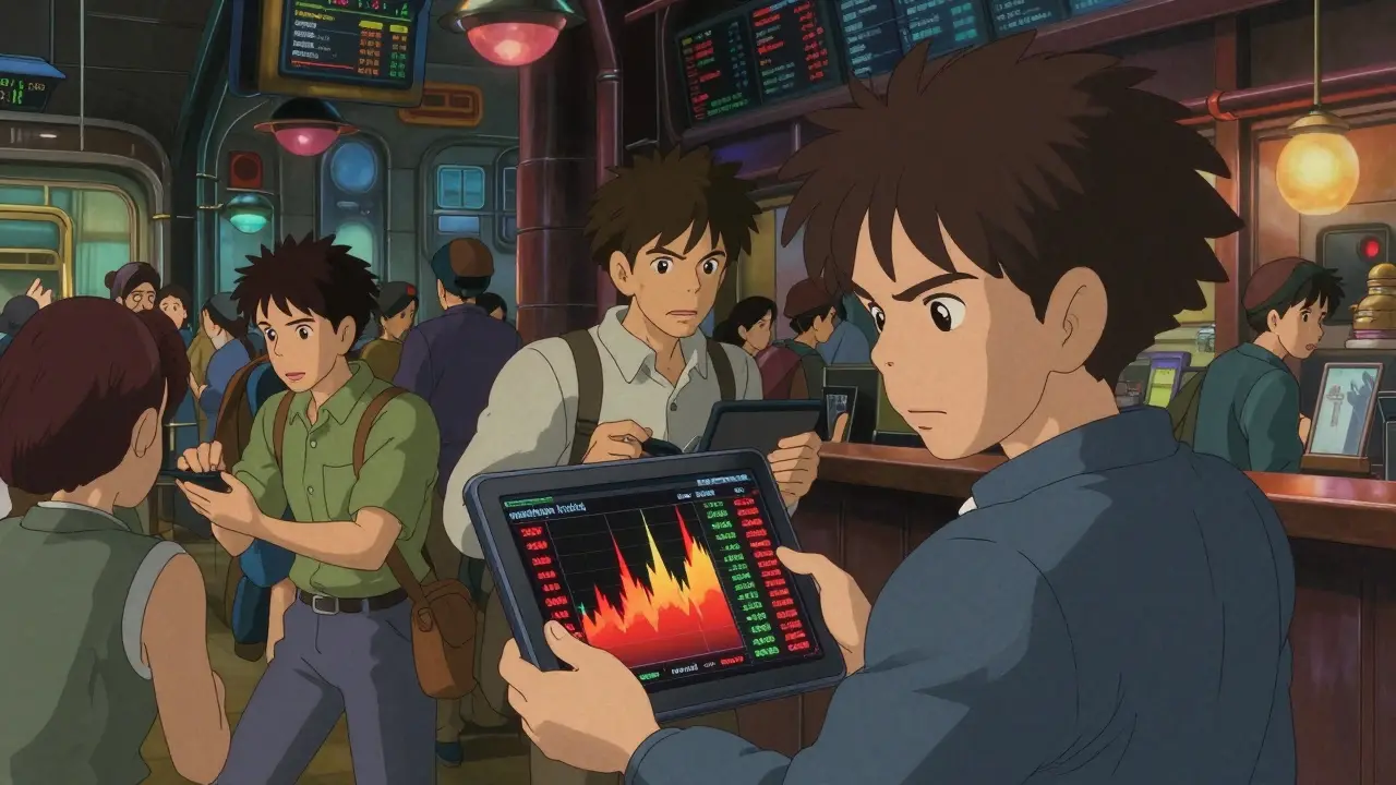 Busy futuristic trading hub with traders monitoring rapid data spikes on screens.