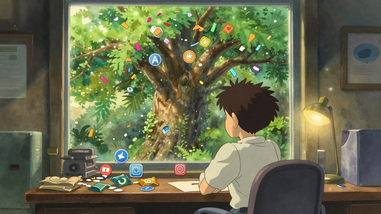 Character ignoring empty token wrappers to look at a thriving tree outside