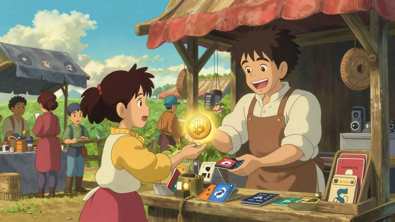 Character trading crypto for Steam gift card at market stall