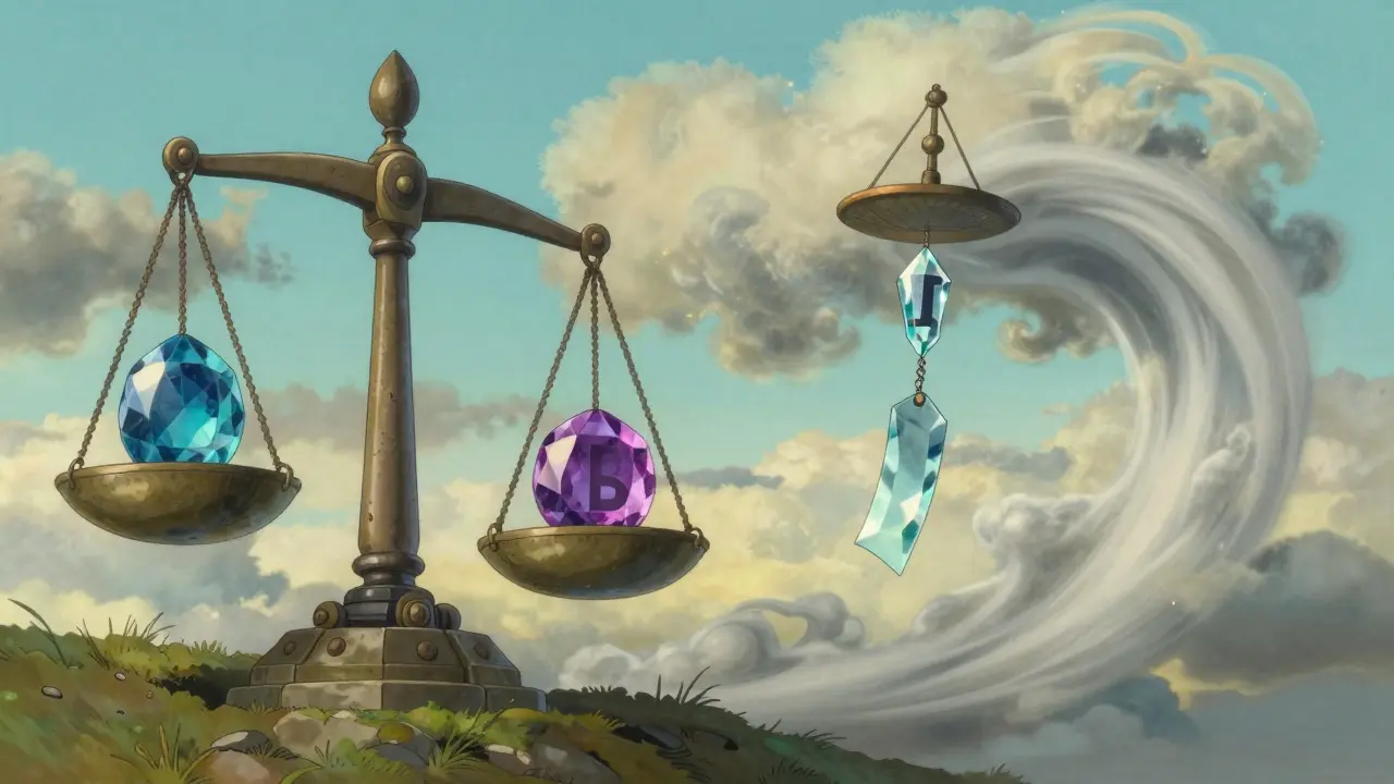 Conceptual art comparing heavy dual-token scales to a fragile single-token wind chime.