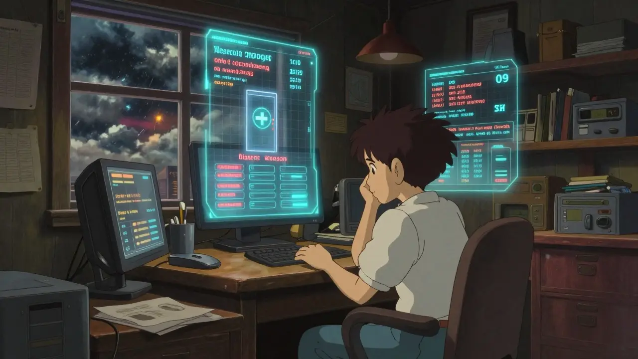 Confused trader in a Ghibli-style room with confusing fee screens and storm clouds