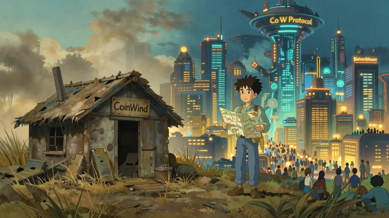 Contrast between a dusty abandoned shack and a vibrant futuristic crypto city