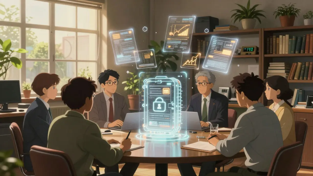 Cozy Ghibli-style office with staff discussing floating holographic crypto charts and secure vaults.