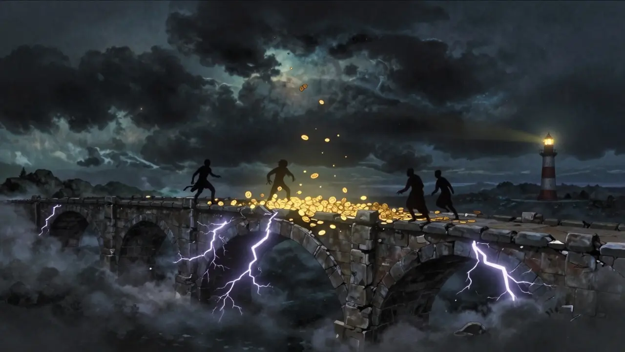 Dark stormy Ghibli scene showing a crumbling bridge with shadows stealing golden light