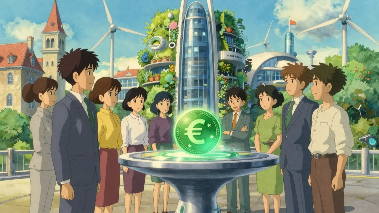 European bankers collaborating around a new compliant stablecoin in a serene office setting.