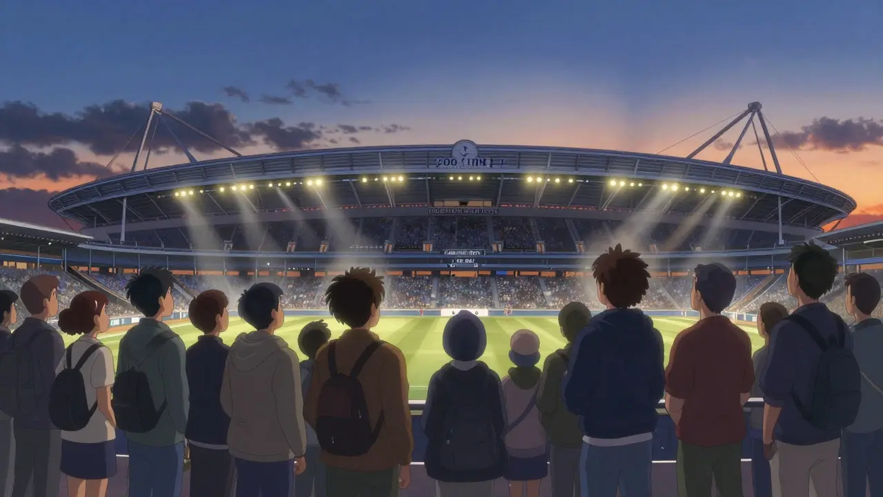 Fans gathering outside Tottenham stadium at dusk in anime art style