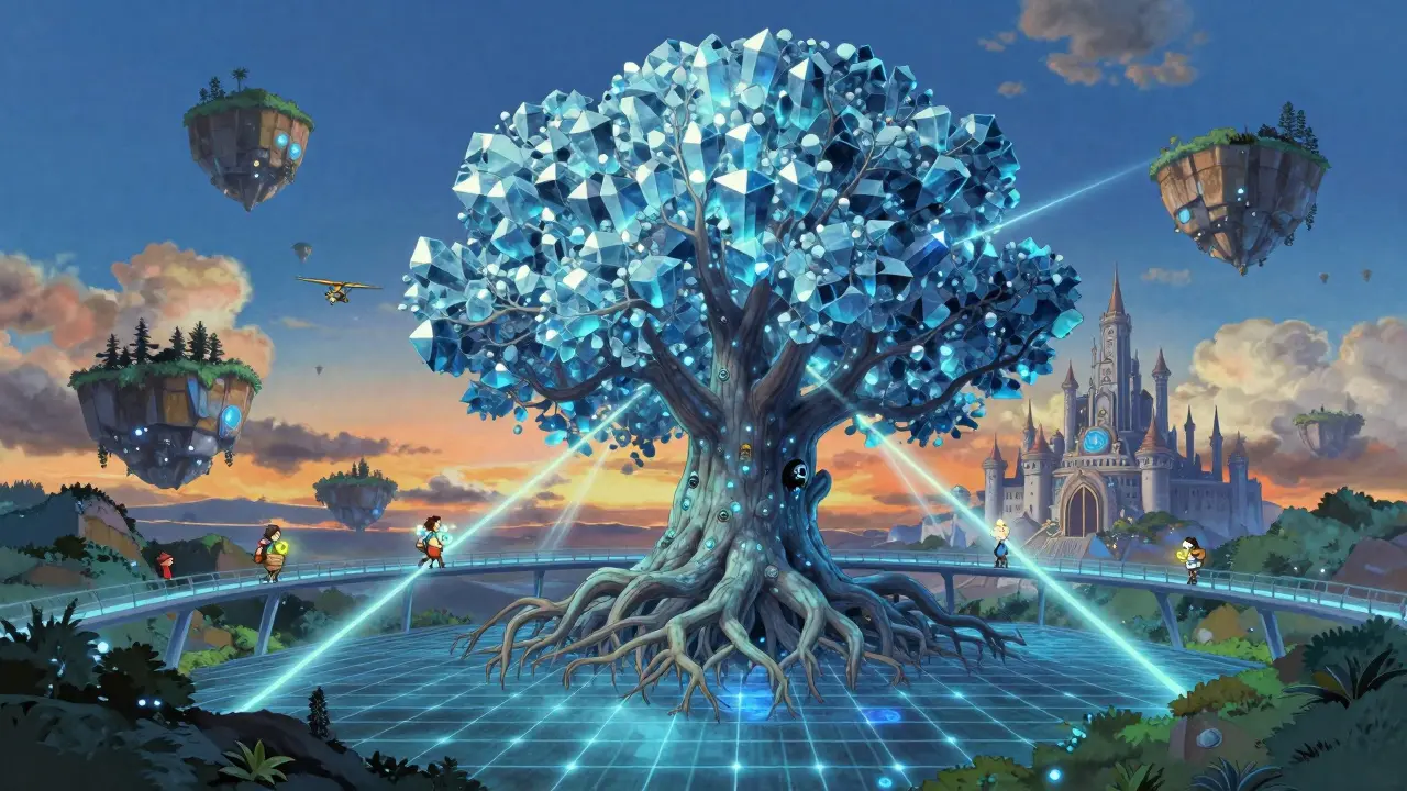 Fantasy landscape with a crystal tree rooted in a digital grid, symbolizing secure crypto growth.