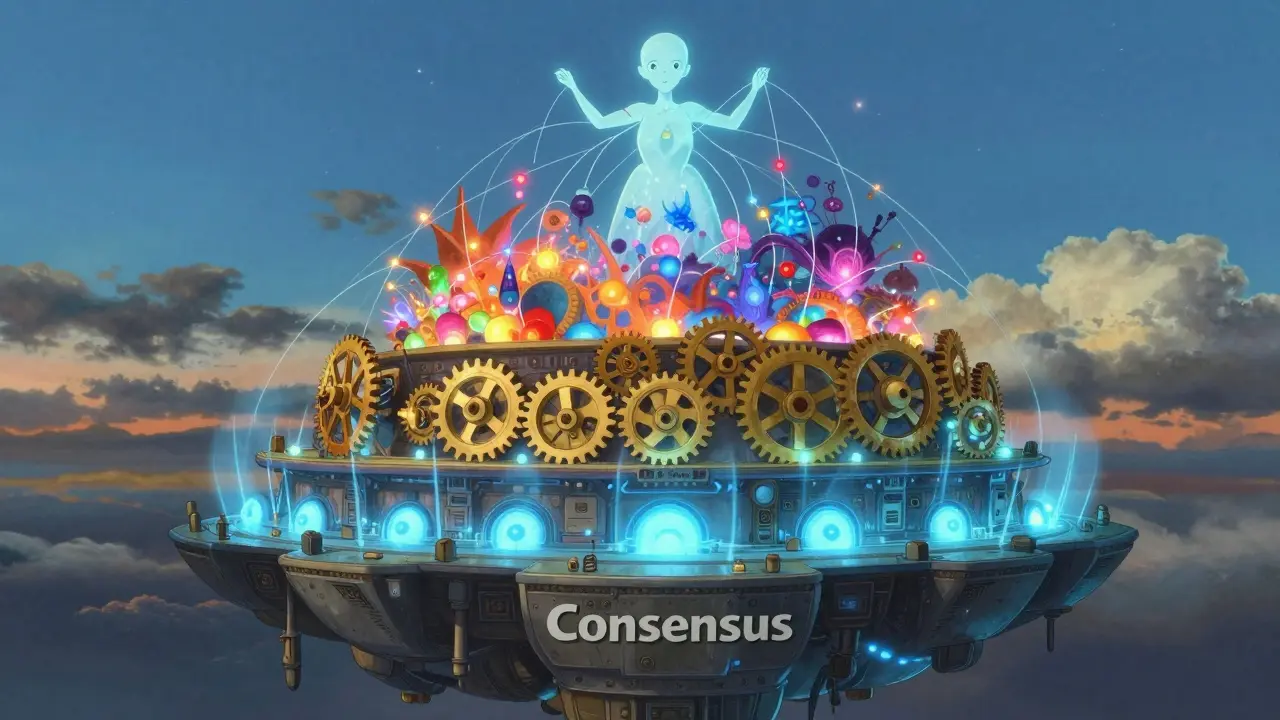 Floating island layers representing DAR network consensus, settlement, and execution