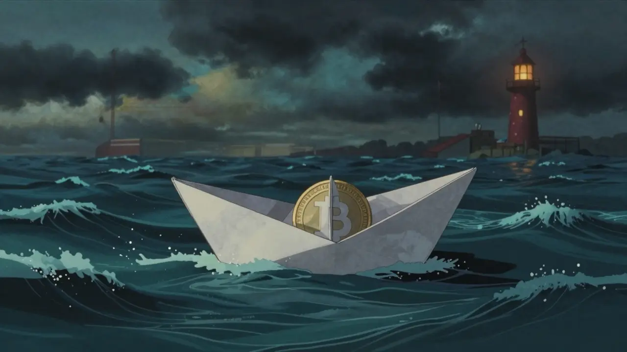 Fragile boat with token on turbulent dark ocean