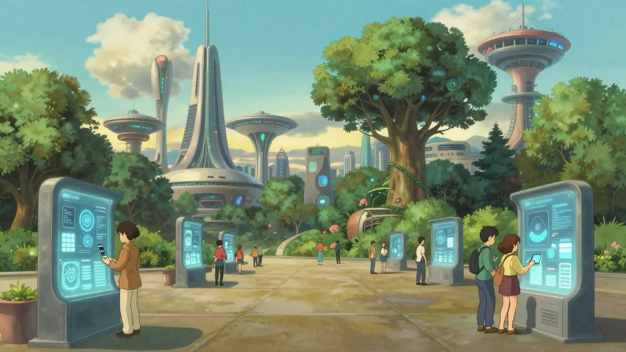 Futuristic cityscape showing people using data platforms peacefully